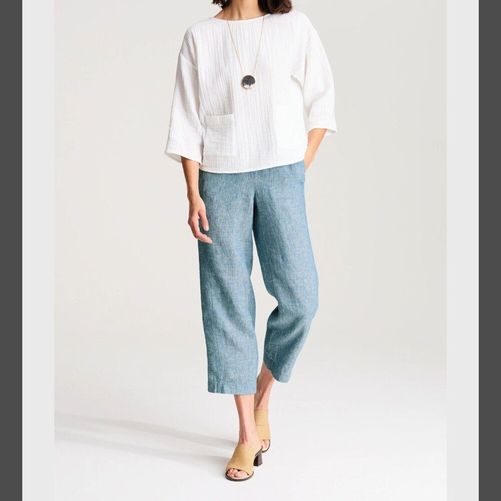Pure Jill Linen Pants Women Large Blue Wide Leg Crop Elastic Waist Minimalist